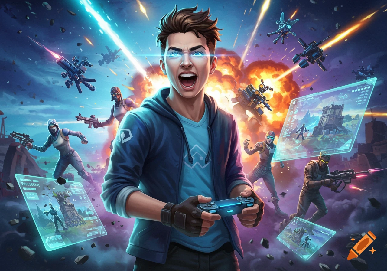 A male gamer with glowing eyes plays a futuristic video game, surrounded by explosions, drones, and stylized characters on holographic screens in an action-packed scene.