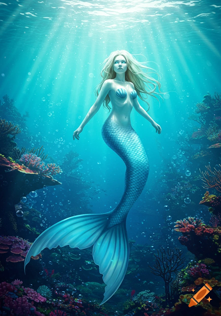 A blonde mermaid with a blue ombre tail and bright blue eyes floats in sunlit clear blue water amidst a vibrant coral reef.