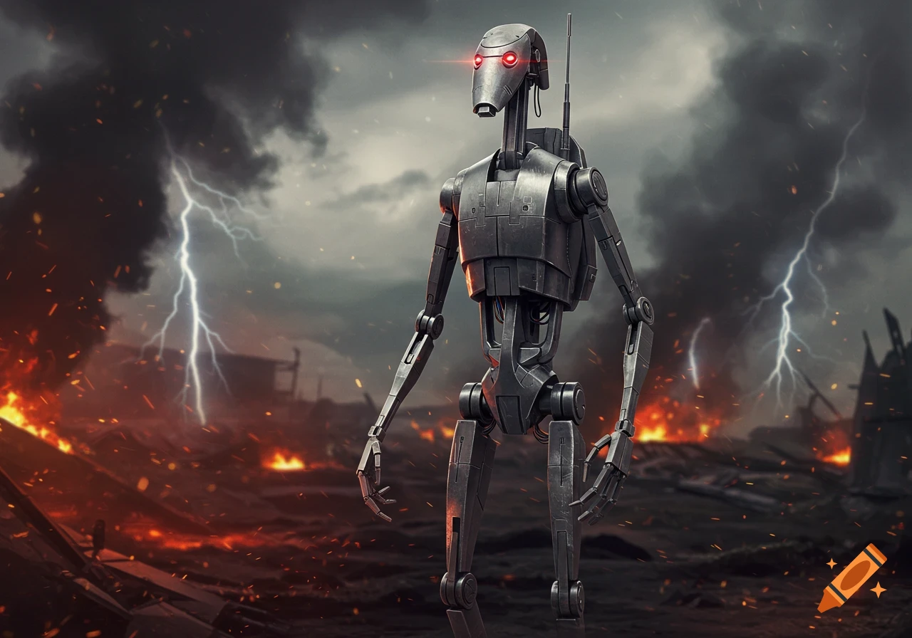 A photorealistic metal battle droid with glowing red eyes stands in a stormy, fiery battlefield with lightning strikes.