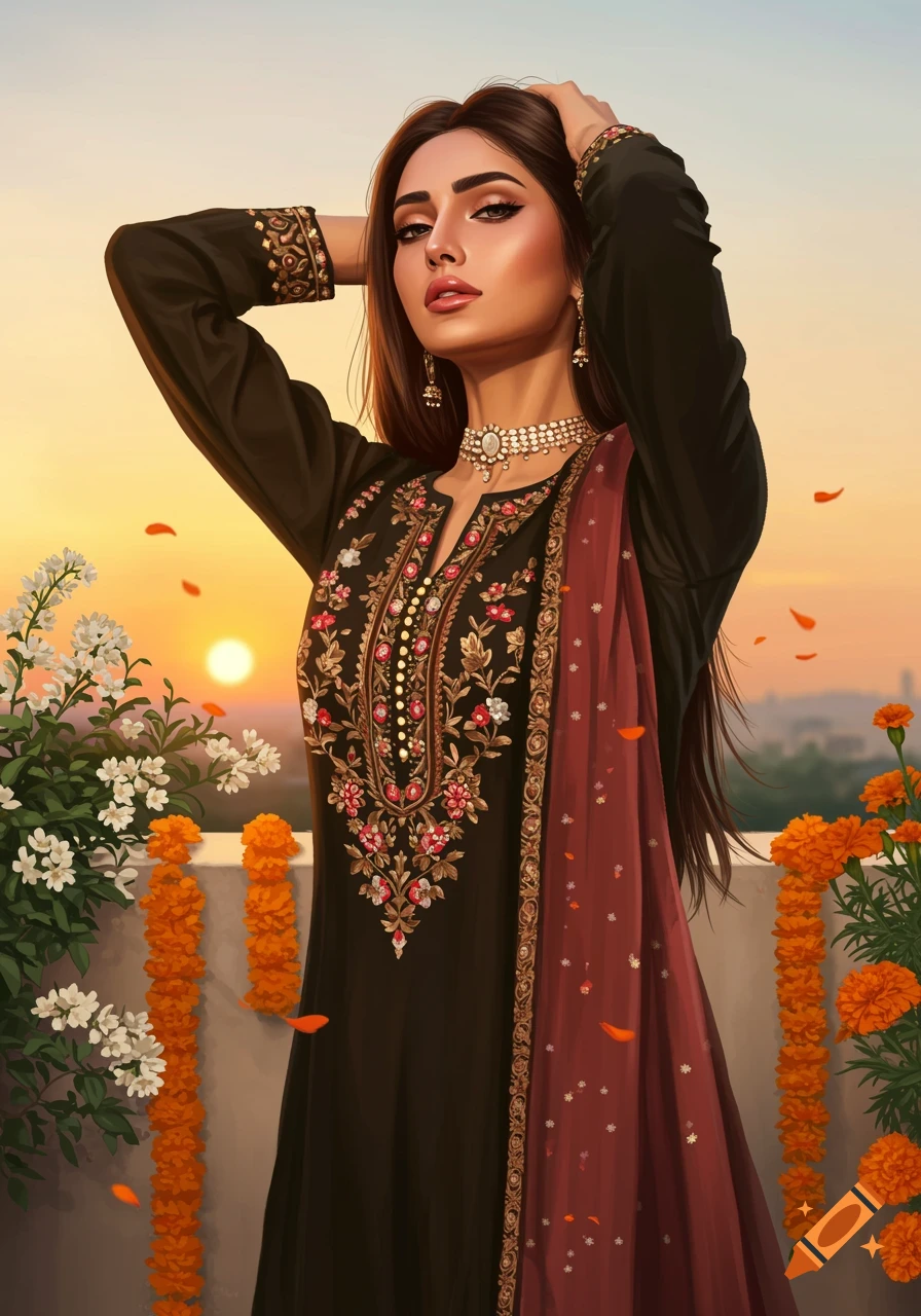 Illustrated Pakistani woman in a black embroidered dress and red dupatta, posing outdoors with hands behind her head at sunset with flowers.