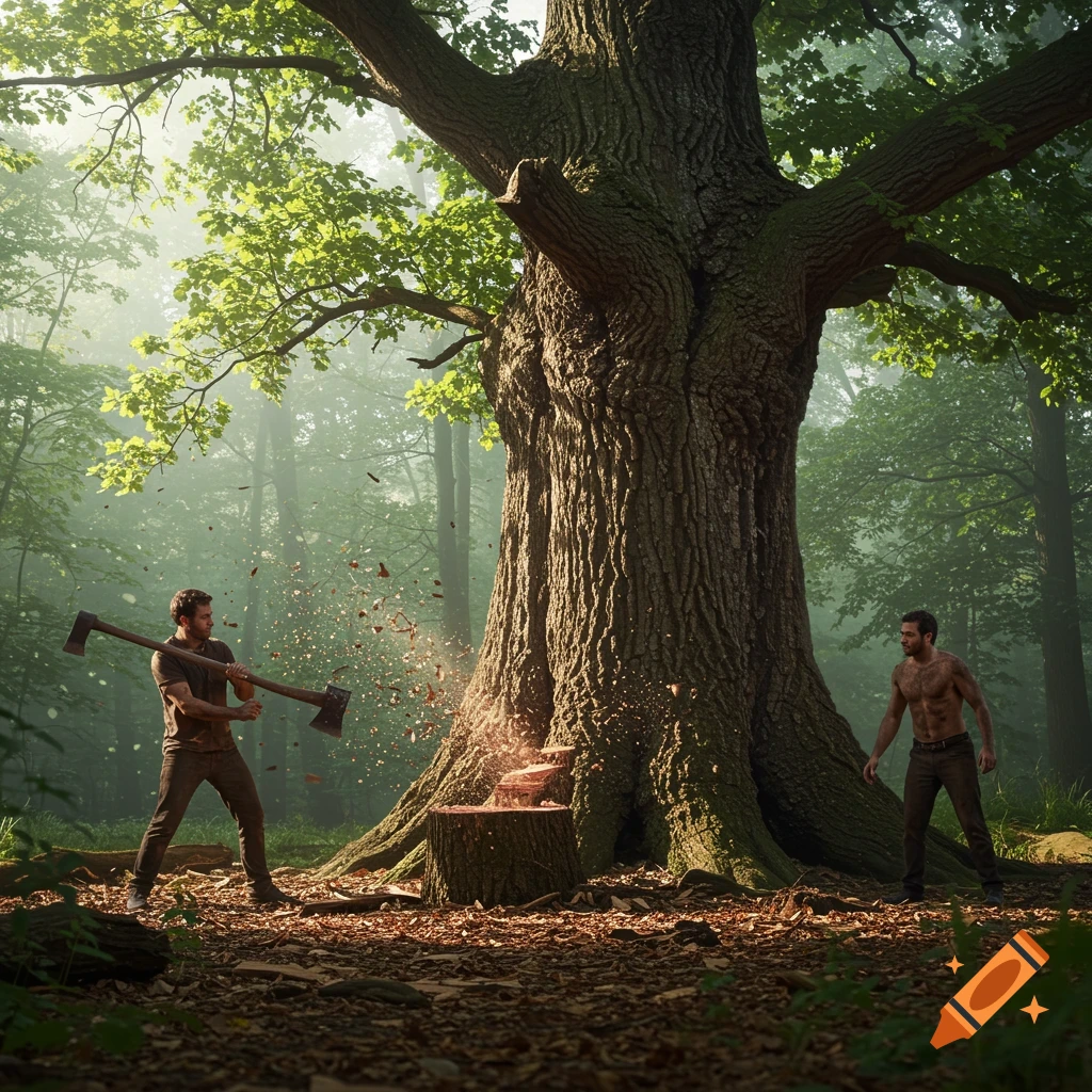 A man chops a large oak tree with an axe, sending wood chips flying in a misty forest, as another shirtless man stands nearby. Photorealistic.