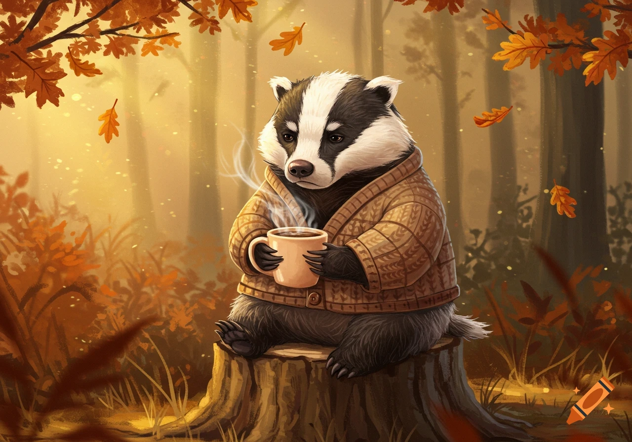 A cartoon badger in a brown cardigan sits on a tree stump in an autumn forest, holding a steaming coffee cup. Leaves fall around it.