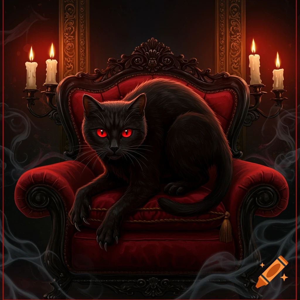 A black cat with glowing red eyes sits on an ornate red velvet armchair in a dimly lit, gothic room with lit candles and smoke.