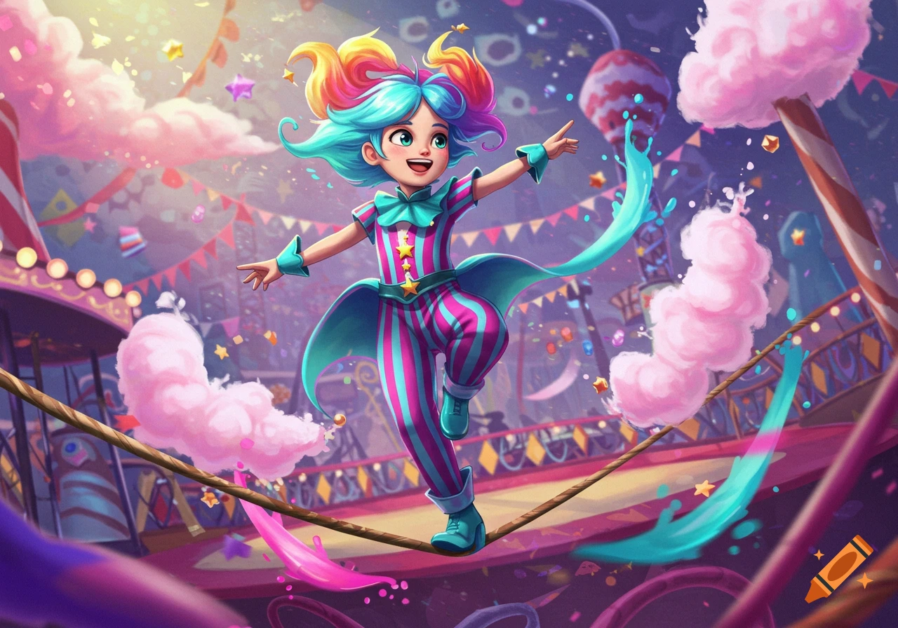 A colorful anime-style character in a striped circus outfit balances on a tightrope amidst floating cotton candy and stars.