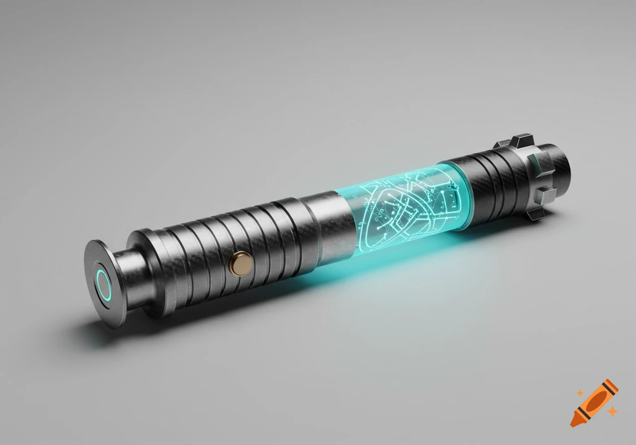 A sleek, futuristic lightsaber with a brushed metal hilt, carbon fiber accents, and a glowing teal core with intricate neural network-like patterns.