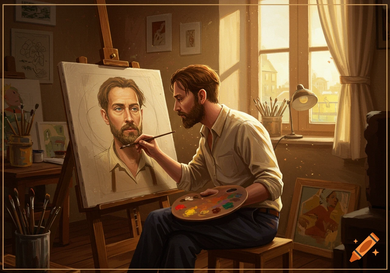 A male artist with a beard sits in his art studio, painting a portrait of himself on an easel by a sunlit window.