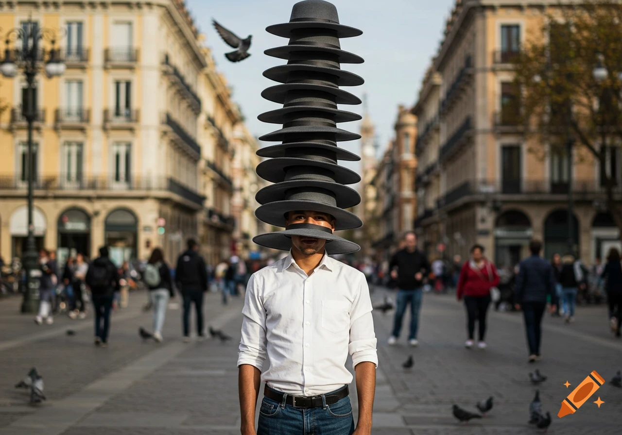 Photorealistic image of a man in a white shirt and jeans balancing a tall stack of black hats on his head on a busy city street with pigeons.