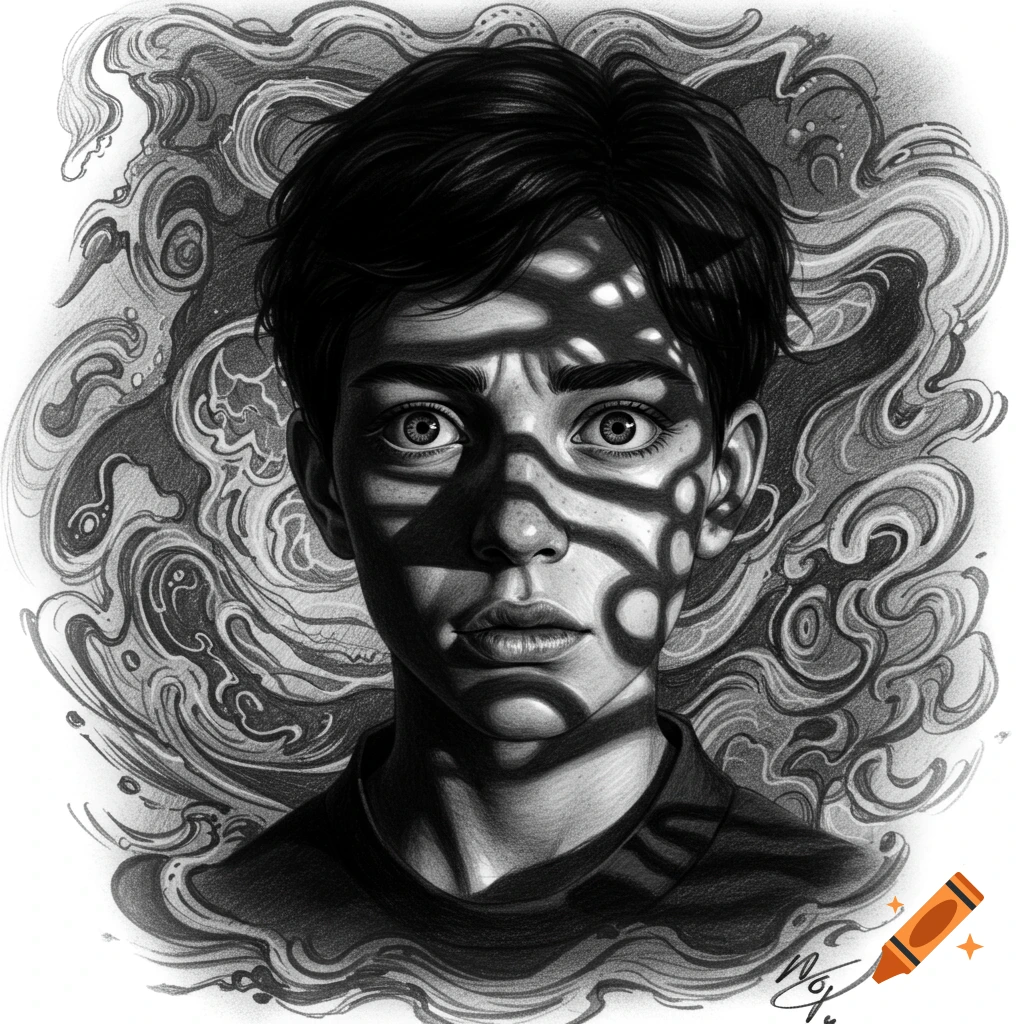 Black and white pencil drawing of a person's face with dramatic shadows creating striped patterns, and a distressed expression, surrounded by abstract swirls.