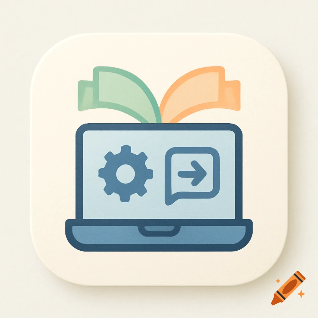 A stylized icon featuring a blue laptop with a gear and a speech bubble containing an arrow on its screen, with green and orange abstract shapes above it.