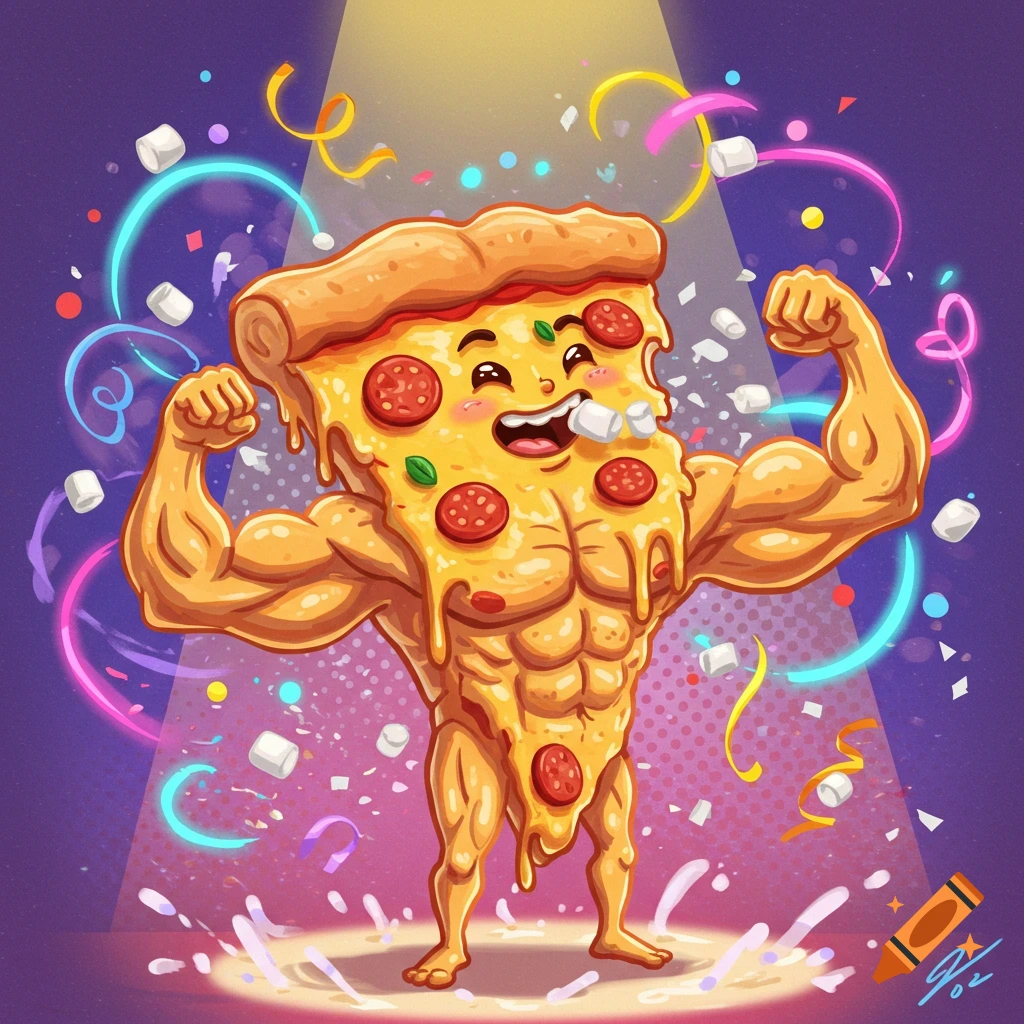 A muscular cartoon pizza slice flexing its biceps on a stage with colorful ribbons, confetti, and marshmallows floating around, under a spotlight.