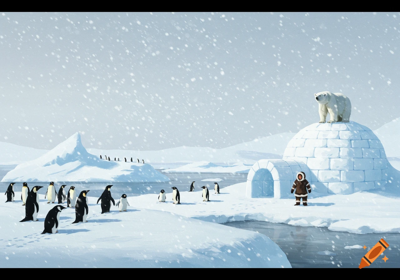 A snow-covered Antarctic landscape with numerous penguins, a polar bear on an igloo, and a person in a parka standing near the igloo during a snowstorm.