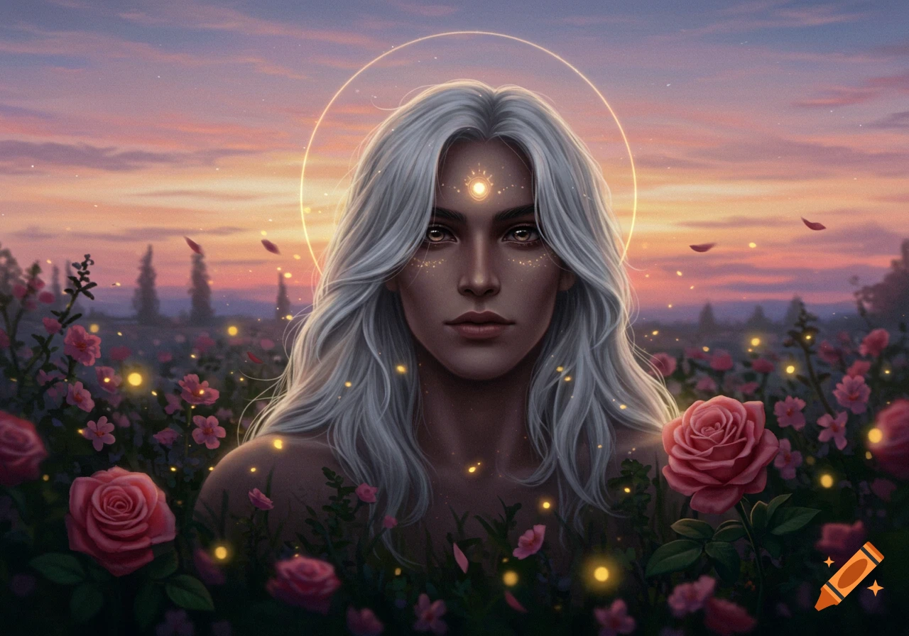 A person with long white hair, a halo, and glowing particles on their face, standing in a field of pink roses at sunset.