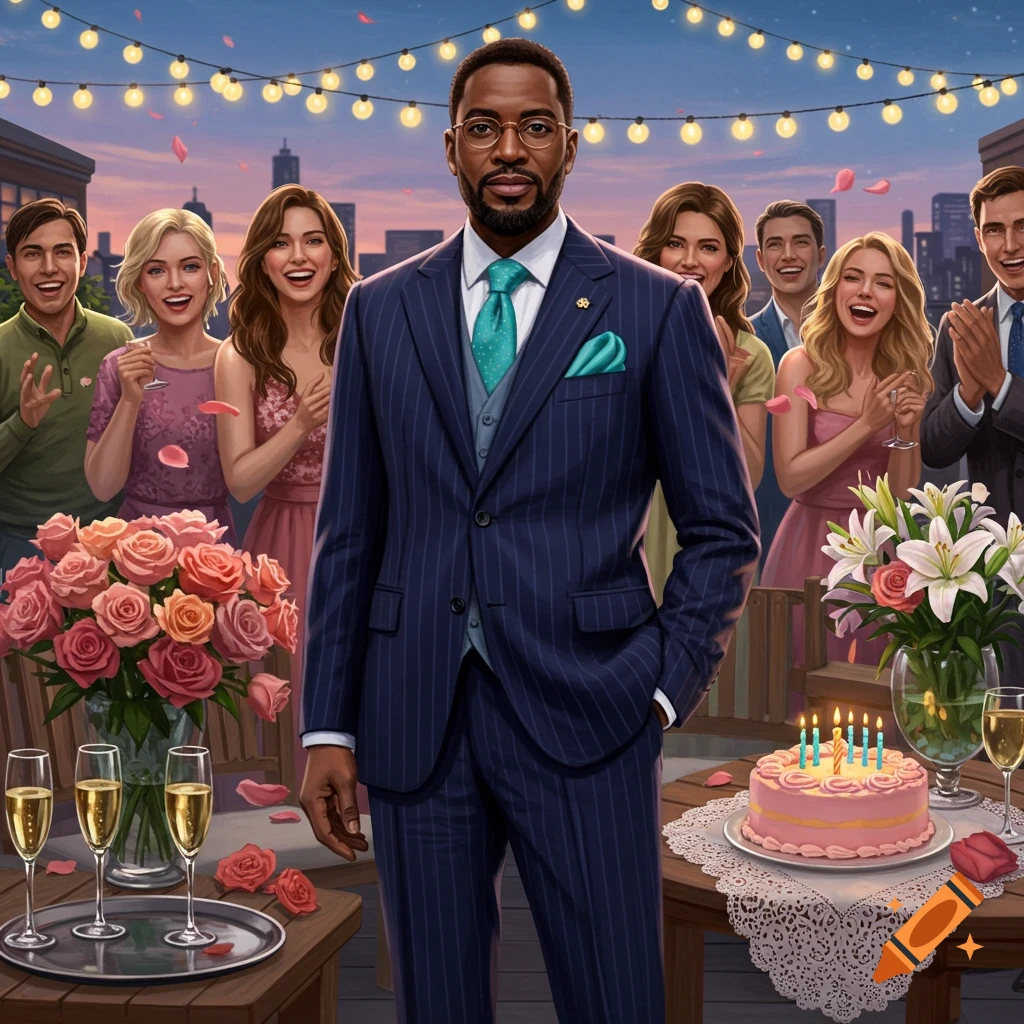 A man in a suit stands confidently at a rooftop birthday party with friends, champagne, flowers, and a cake.