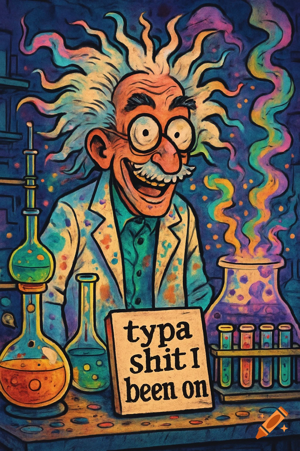 A vibrant cartoon illustration of a smiling, wild-haired scientist in a lab with beakers and a sign reading 'typa shit I been on'.