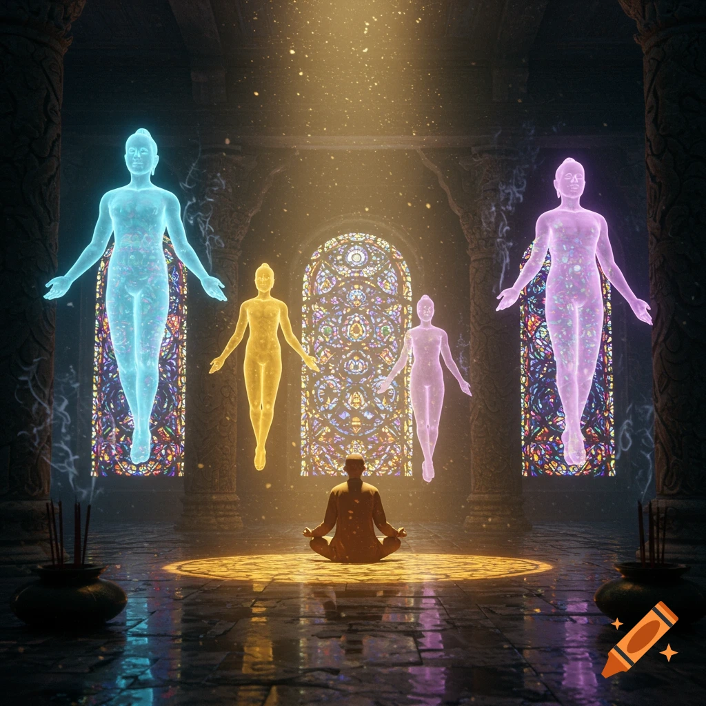 A meditating person surrounded by floating, glowing spiritual figures in a mystical temple with stained-glass windows.