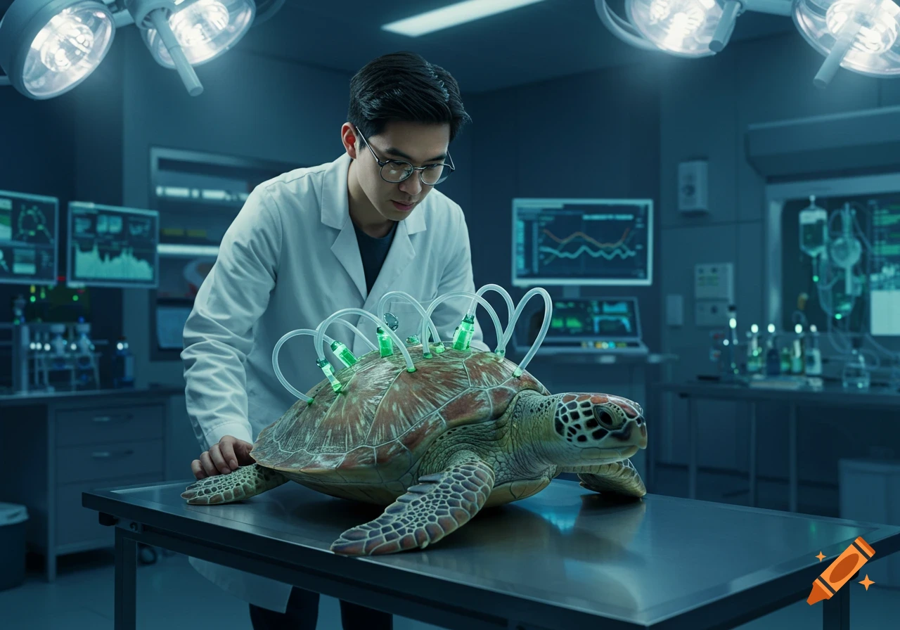 A scientist in a lab coat examines a turtle with tubes connected to its shell on a metal table in a dimly lit laboratory.
