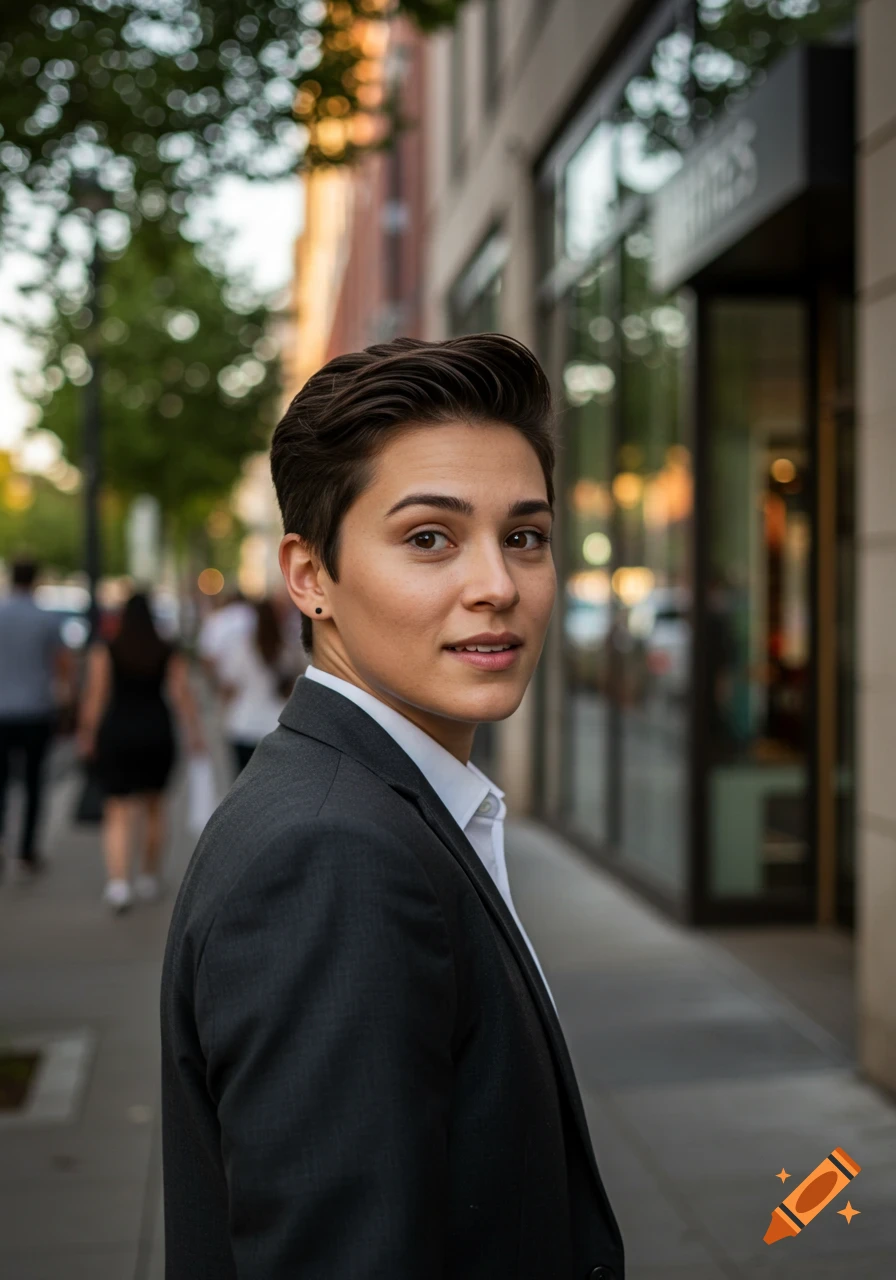A person with short dark hair in a suit looks over their shoulder on a city street.