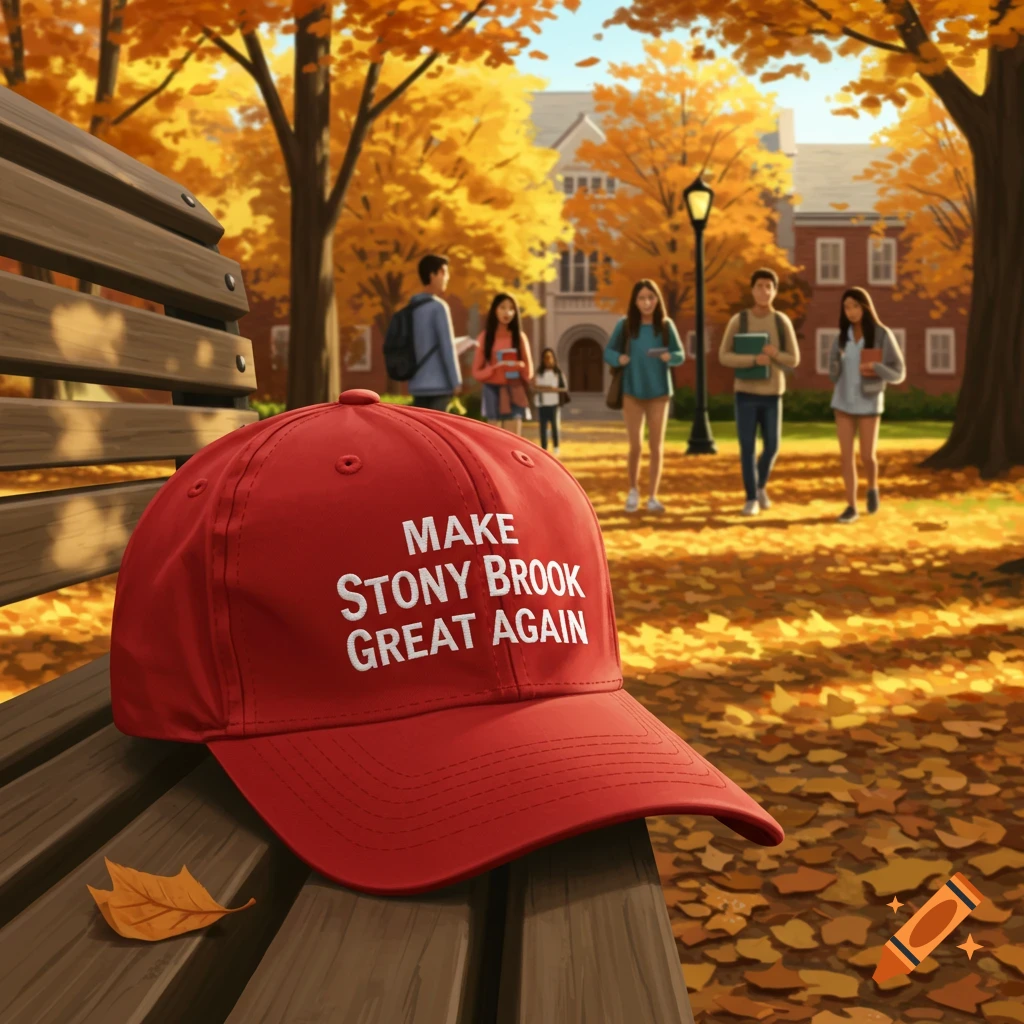Red baseball cap with 'MAKE STONY BROOK GREAT AGAIN' on a wooden bench on an autumn university campus with students. Illustrative.
