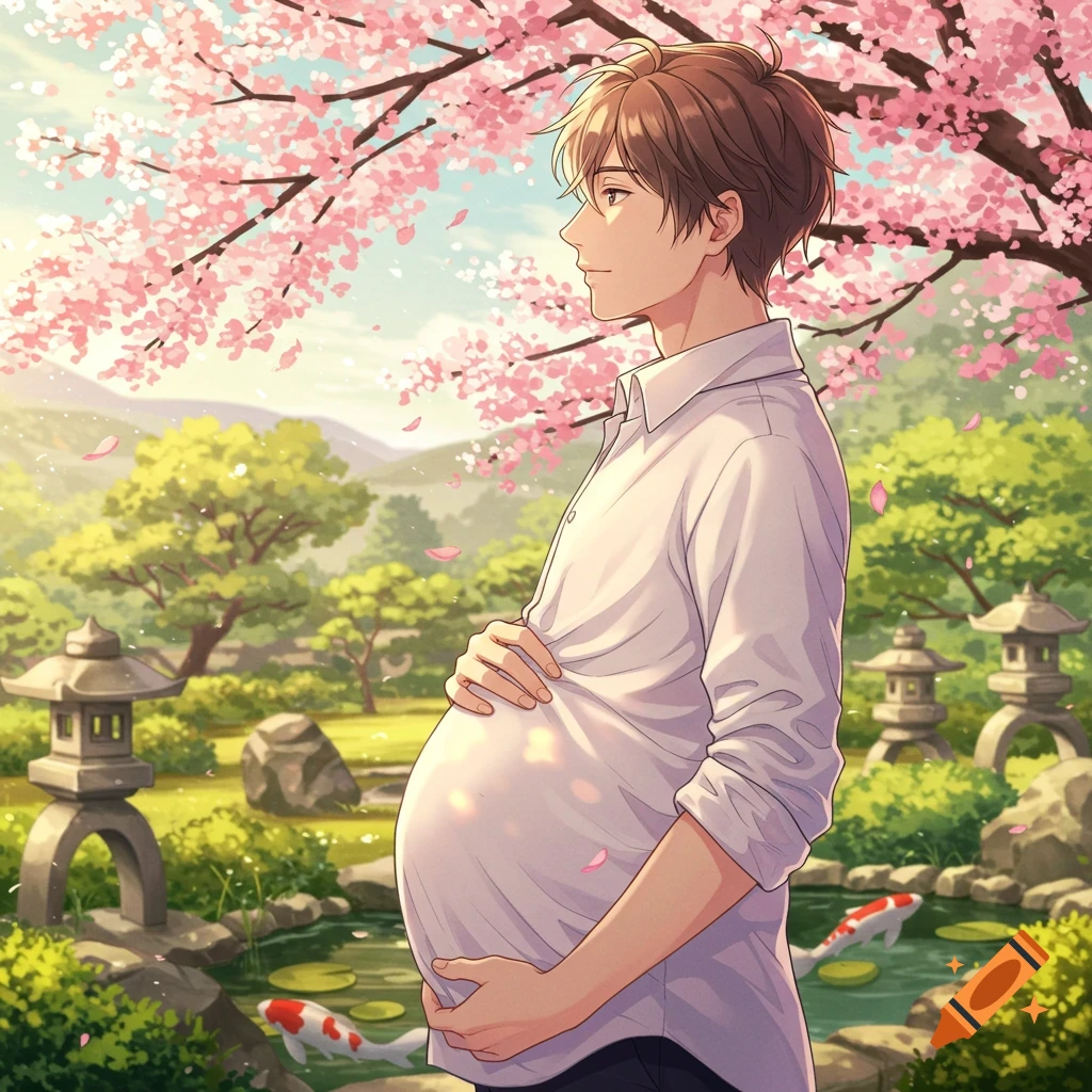 Anime style drawing of a pregnant man in a Japanese garden with cherry blossoms.