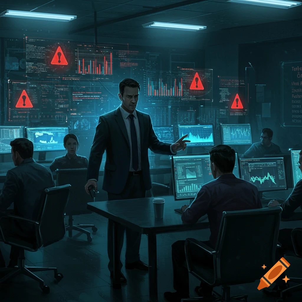 An IT manager in a suit addresses employees in a dark control room filled with glowing computer screens displaying graphs and red alert symbols.