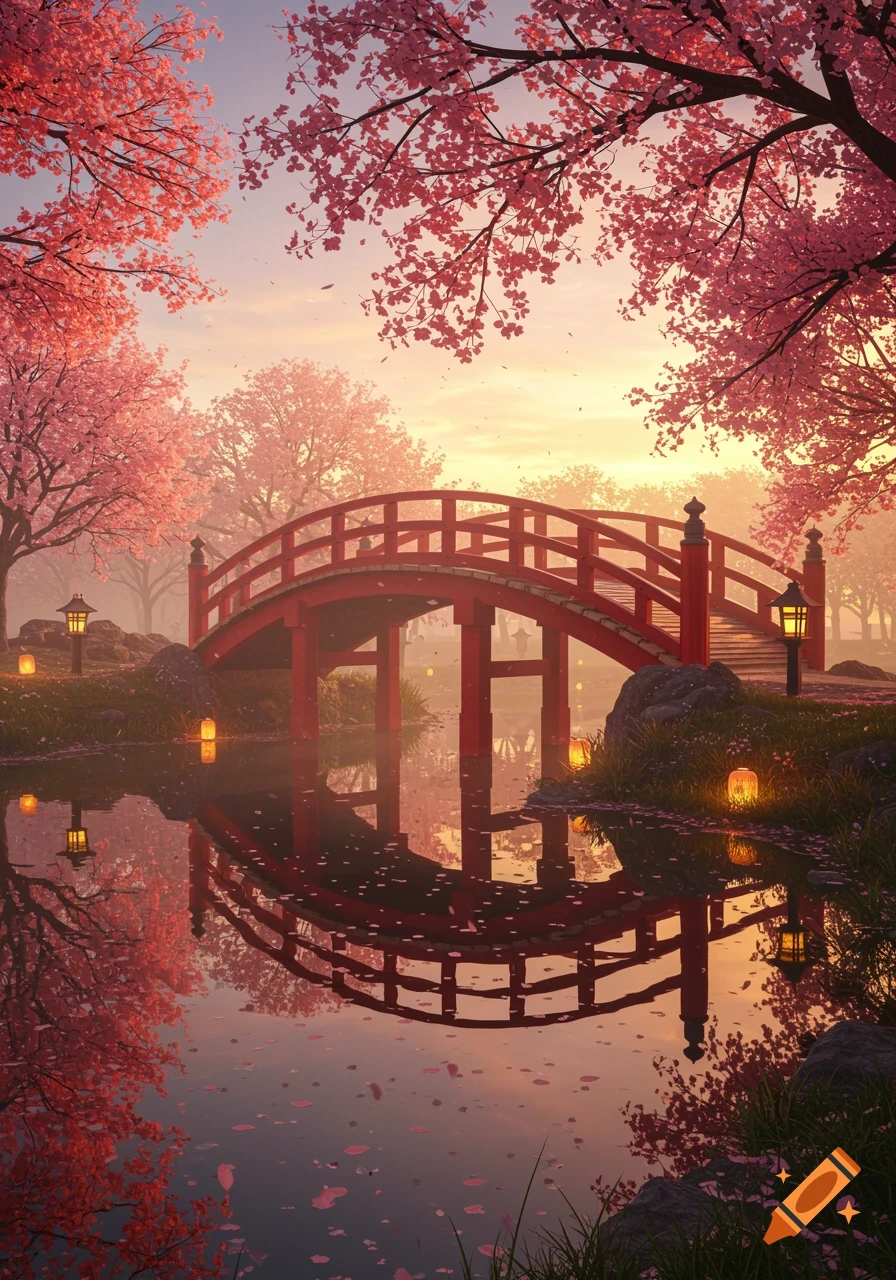 A vibrant red Japanese bridge over a reflective pond, surrounded by pink cherry blossom trees at sunset.