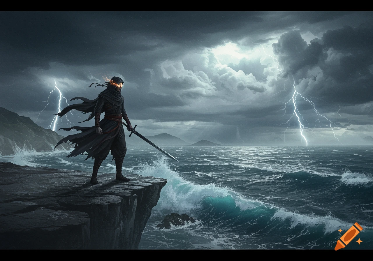 A cloaked figure with a sword stands on a cliff overlooking a stormy ocean with lightning, in a photorealistic fantasy style.