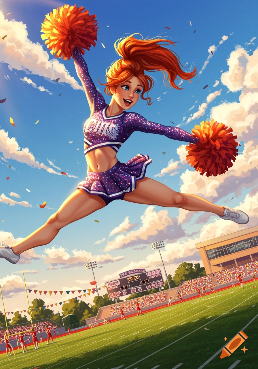 A vibrant illustration of a redhead cheerleader in a purple, sparkly uniform jumping exuberantly with orange pom-poms at a sunny football stadium.