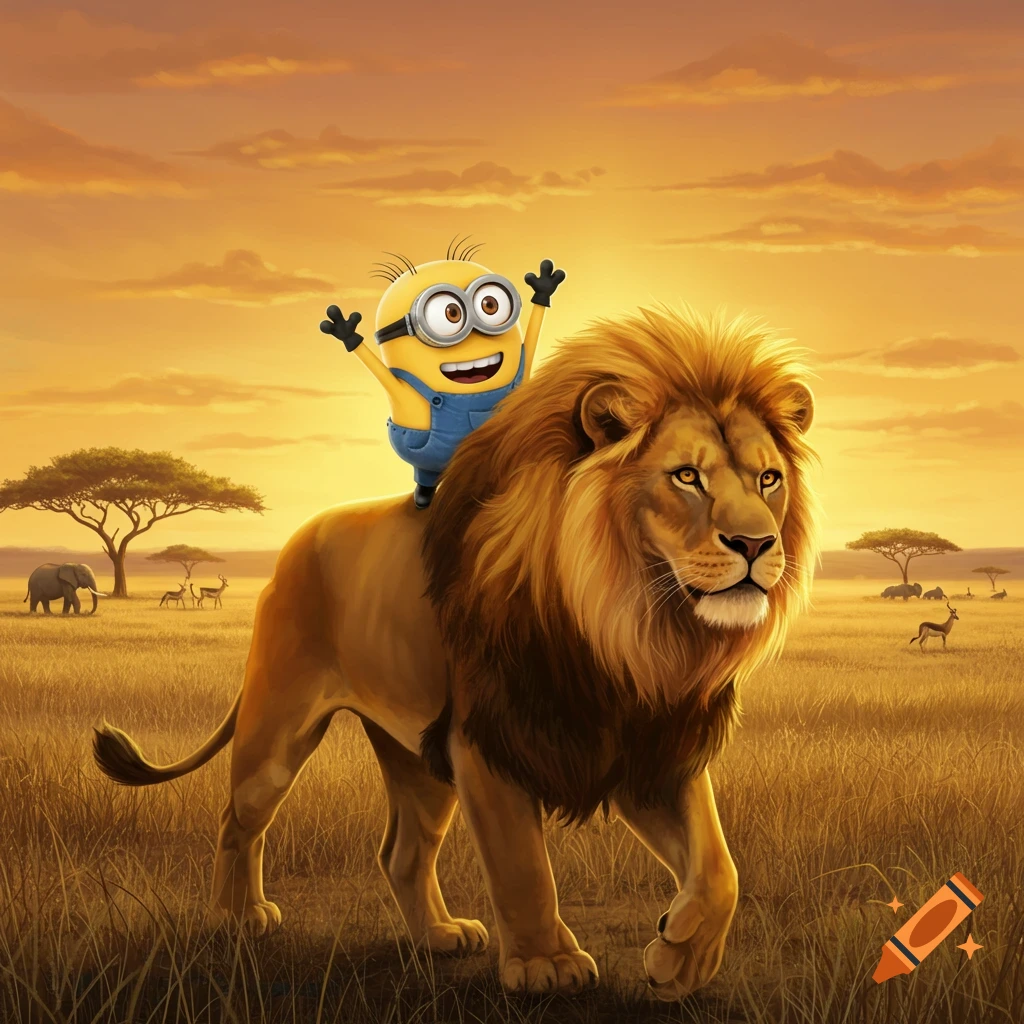 A cheerful Minion rides on the back of a large lion through a golden savanna at sunset.