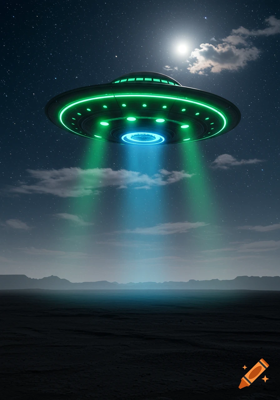 A shiny green and blue illuminated UFO hovers over a dark, barren landscape at night under a starry sky with a bright moon.