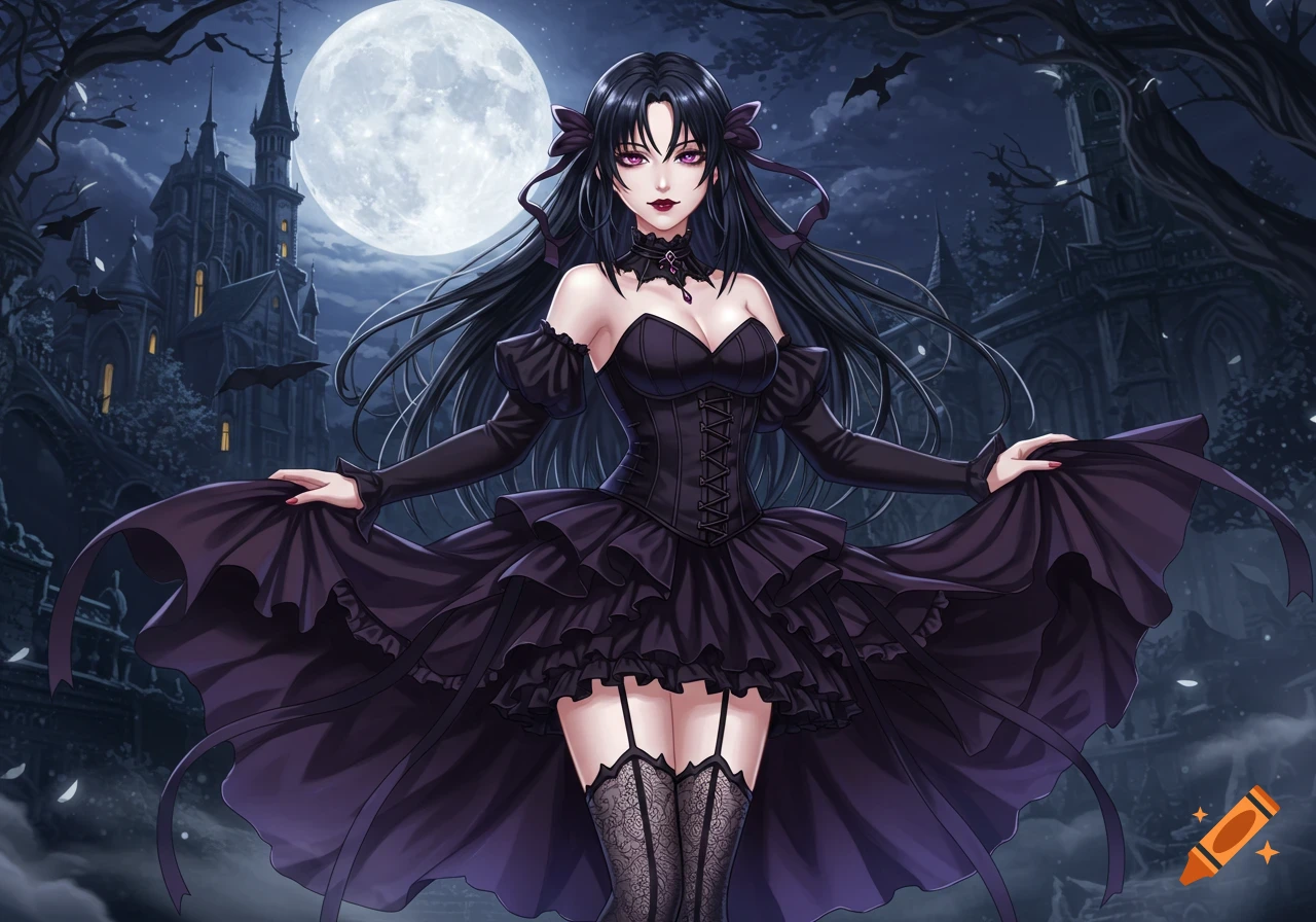 An anime goth girl in a black dress stands under a full moon with a spooky castle and bats in the background.