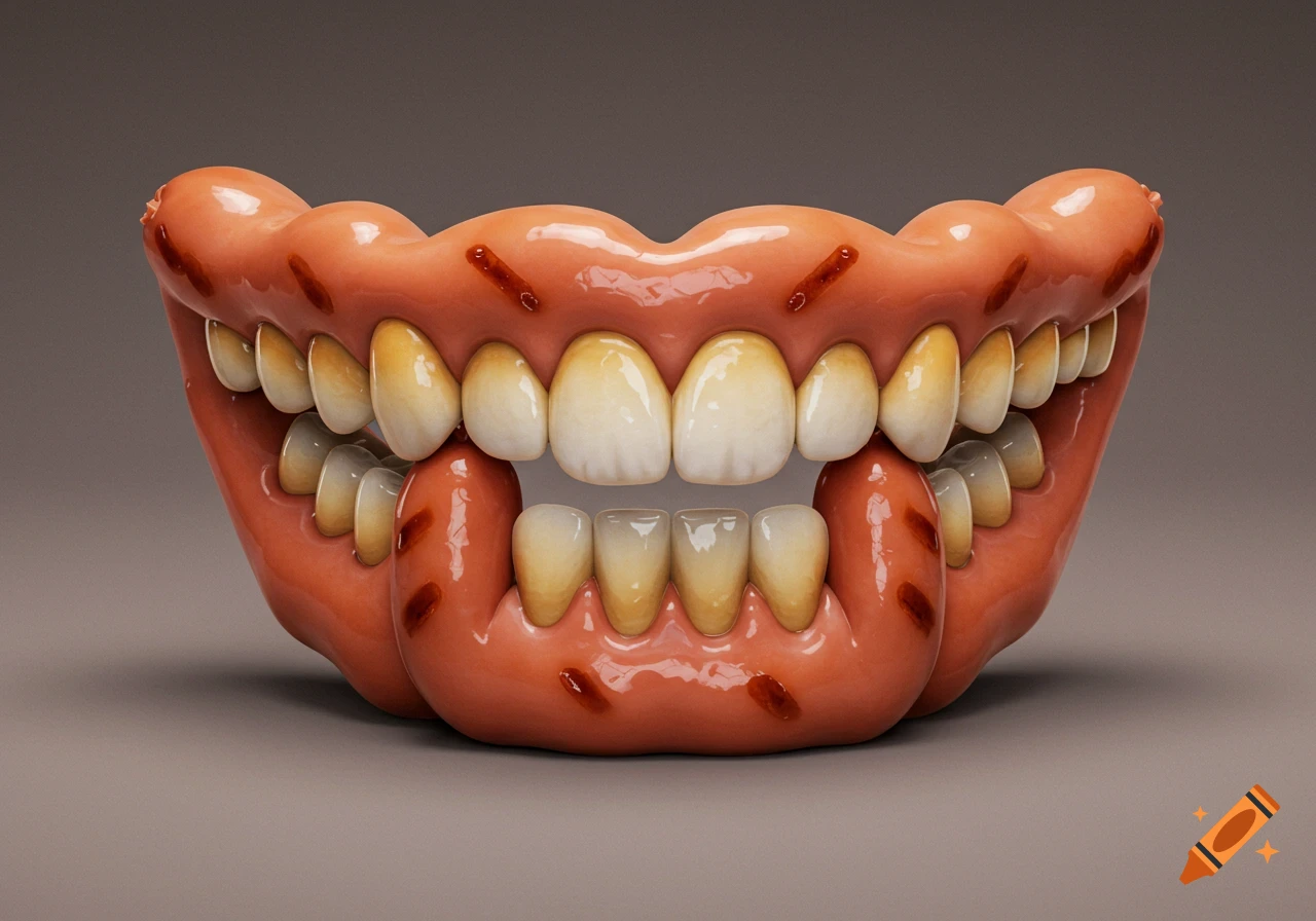 A close-up, surreal photorealistic image of a set of false teeth where the gums are made of hotdogs.