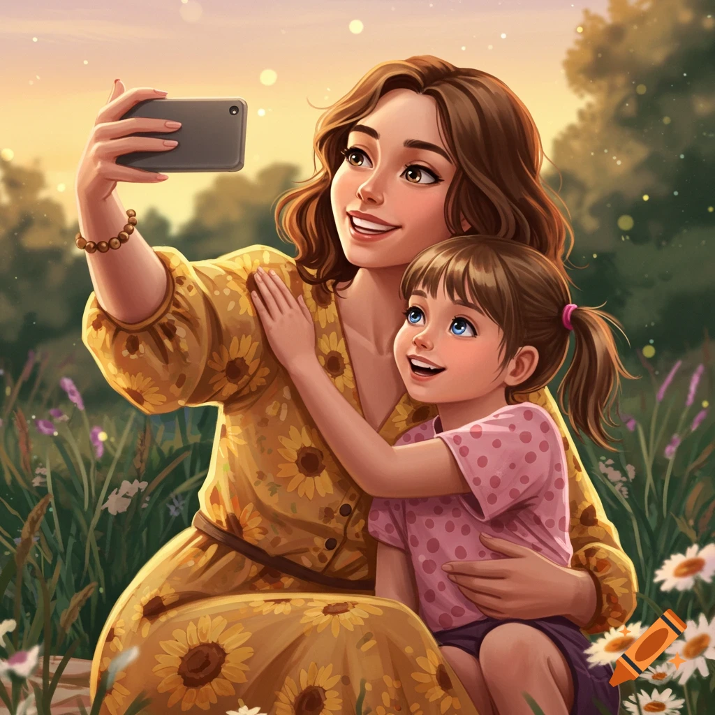 An illustration of a mother and daughter taking a selfie in a sunlit field with flowers.