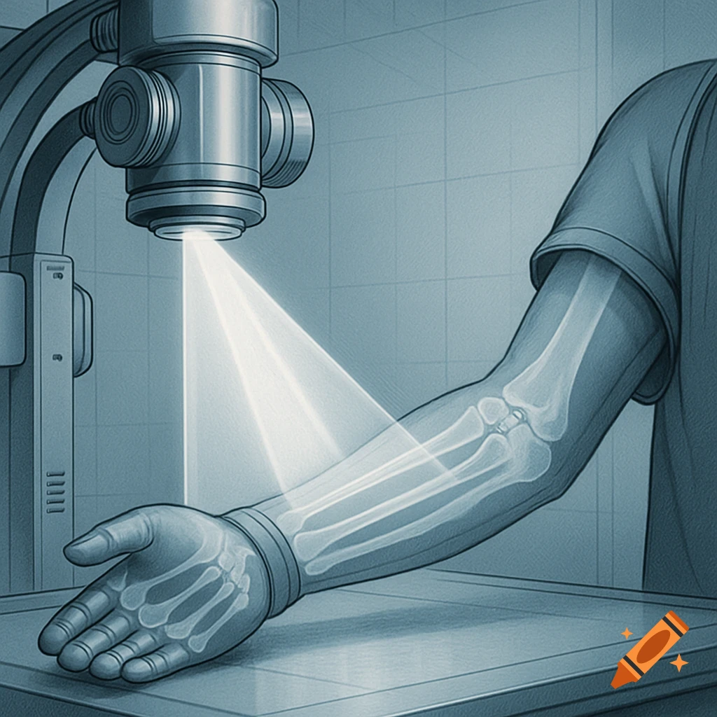 A schematic illustration of an arm undergoing an X-ray scan, showing the bones within the hand and forearm, with a radiology machine above.