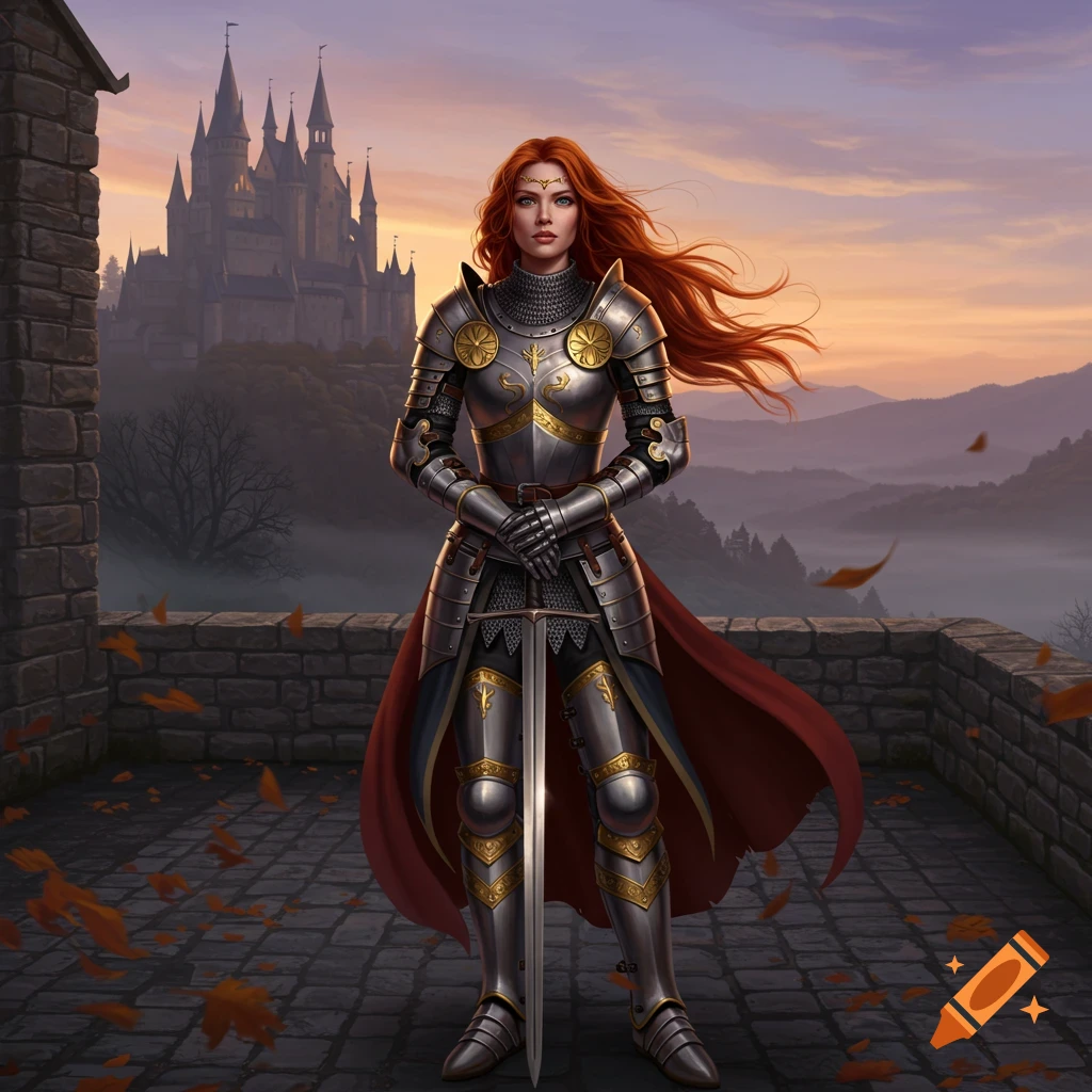 A red-haired female knight in full silver and gold armor stands with a sword on a stone wall, a castle and misty mountains at sunset.