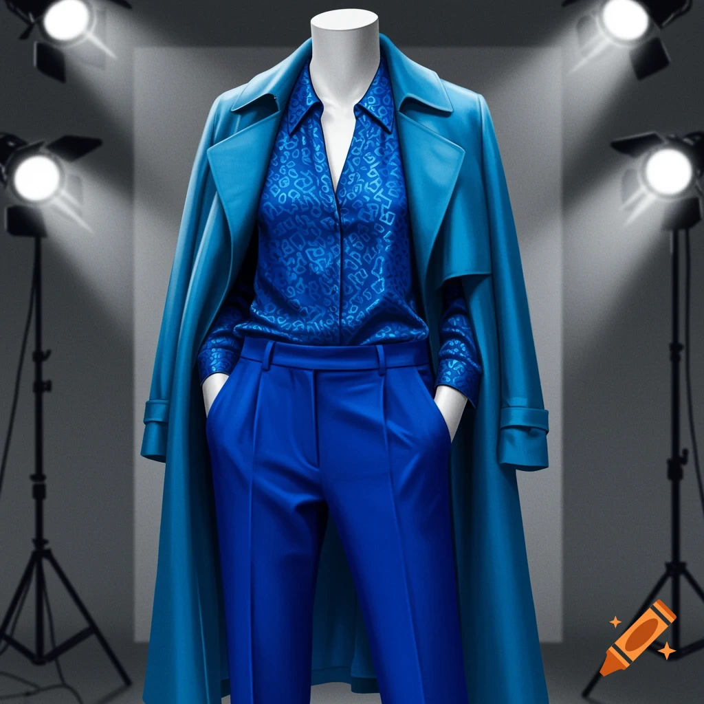 A mannequin wearing a blue patterned shirt, blue trousers, and a blue trench coat, standing under studio spotlights.