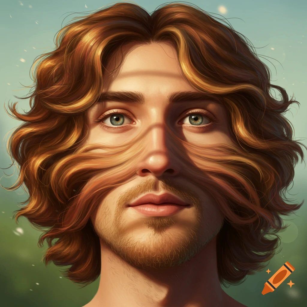 A digital illustration of a man's face with long wavy brown hair covering his nose and part of his face.