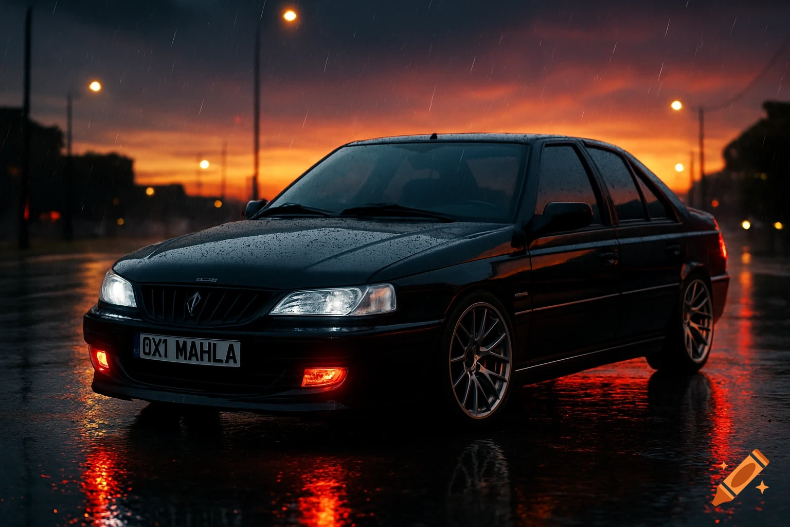 A sleek black car parked on a wet, rainy street at sunset, with bright headlights and red fog lights reflecting on the pavement.