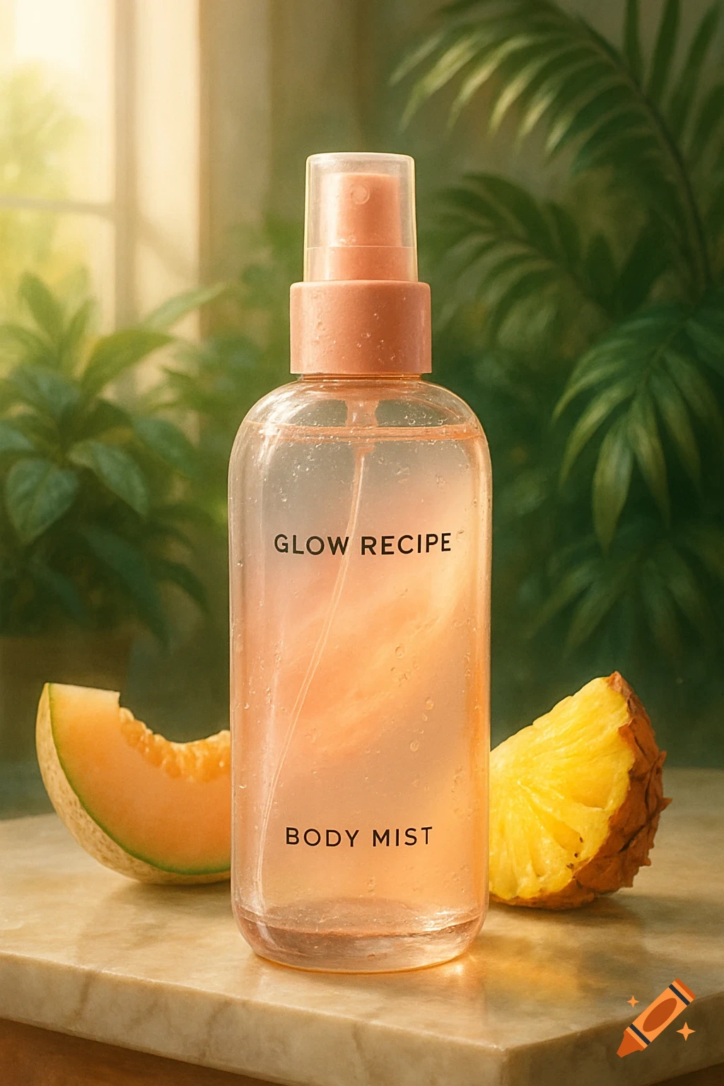 A clear Glow Recipe Body Mist spray bottle with peachy liquid on a marble surface. Slices of cantaloupe and pineapple sit beside it, with green plants in the background. Photorealistic style.