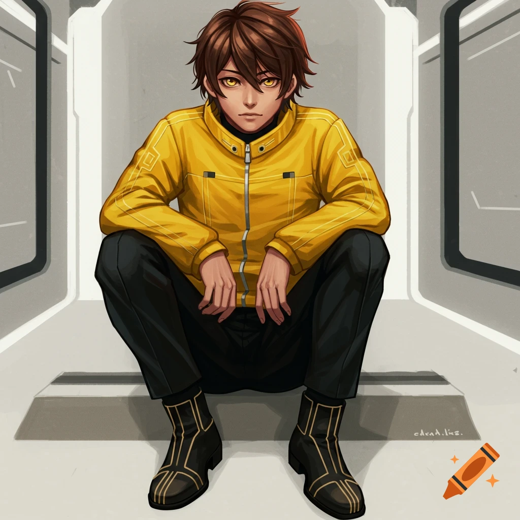 An anime-style young man with brown hair and golden eyes, wearing a yellow futuristic jacket and black pants, squats in a grey, sterile-looking room.