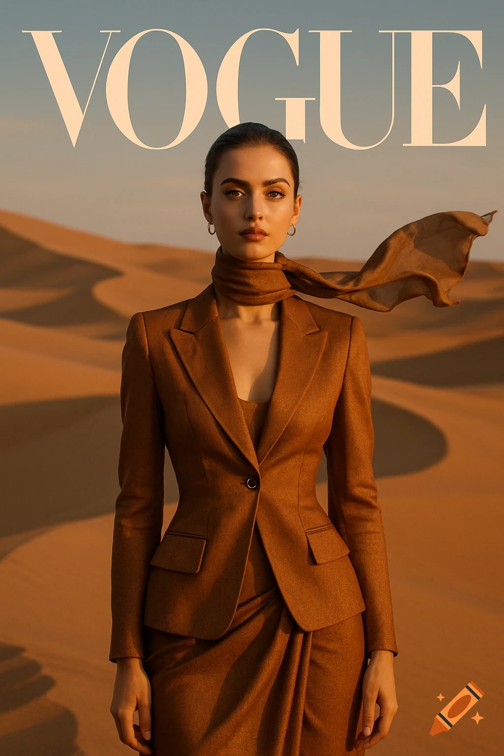 A woman in a brown suit and scarf stands in a desert under the word VOGUE, photorealistic.
