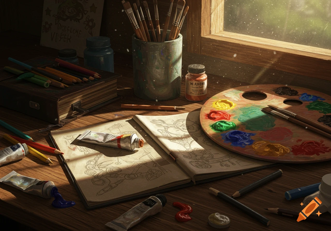 A detailed still life of art supplies on a sunlit wooden desk, with paint tubes, brushes, a palette with colorful paints, pencils, and sketchbooks.