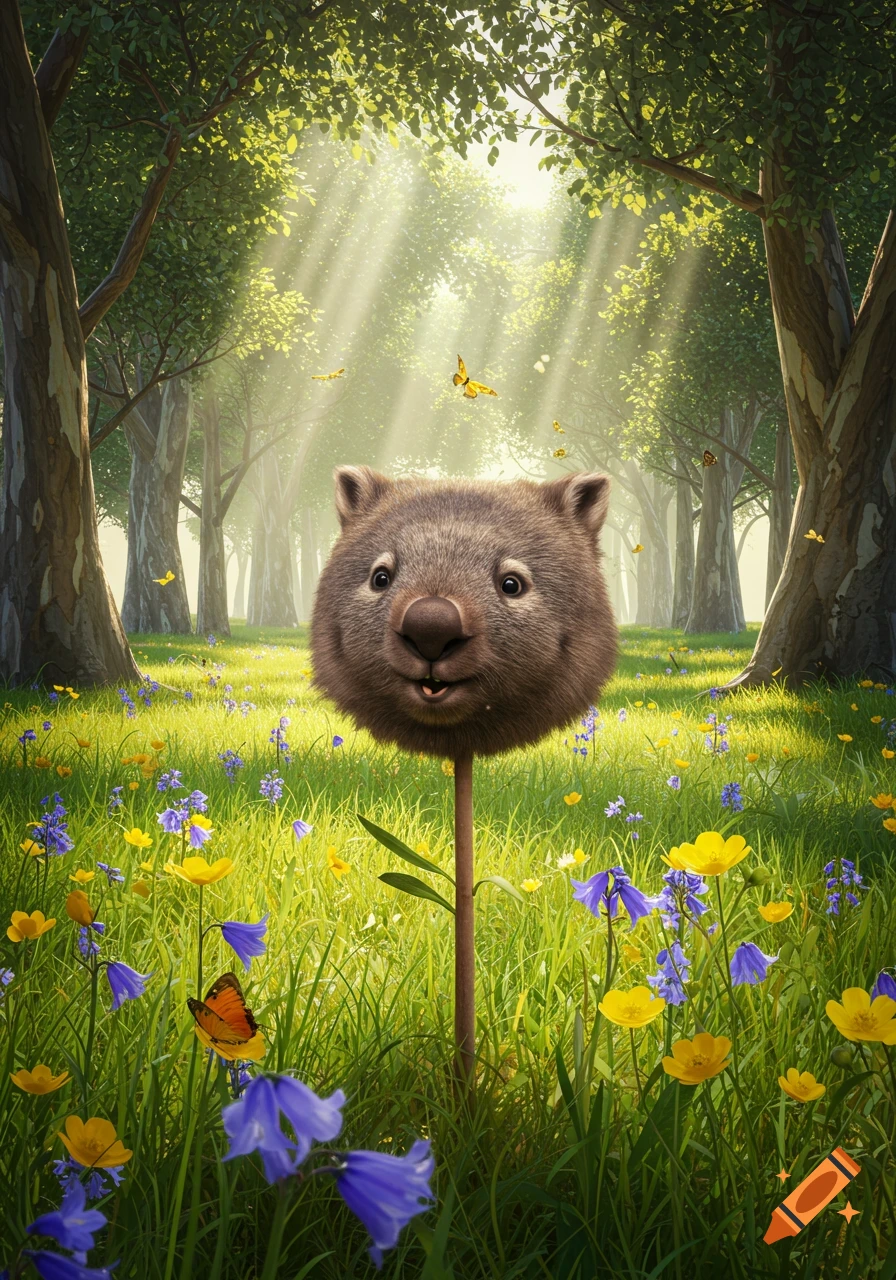 A photorealistic wombat head on a stick stands in a vibrant, sun-dappled forest clearing filled with colorful wildflowers and butterflies.