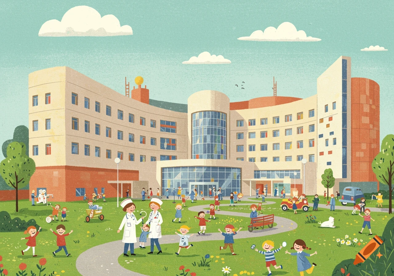 A vibrant, cartoon-style illustration of a large children's hospital with nurses and many happy children playing on the grassy lawn.