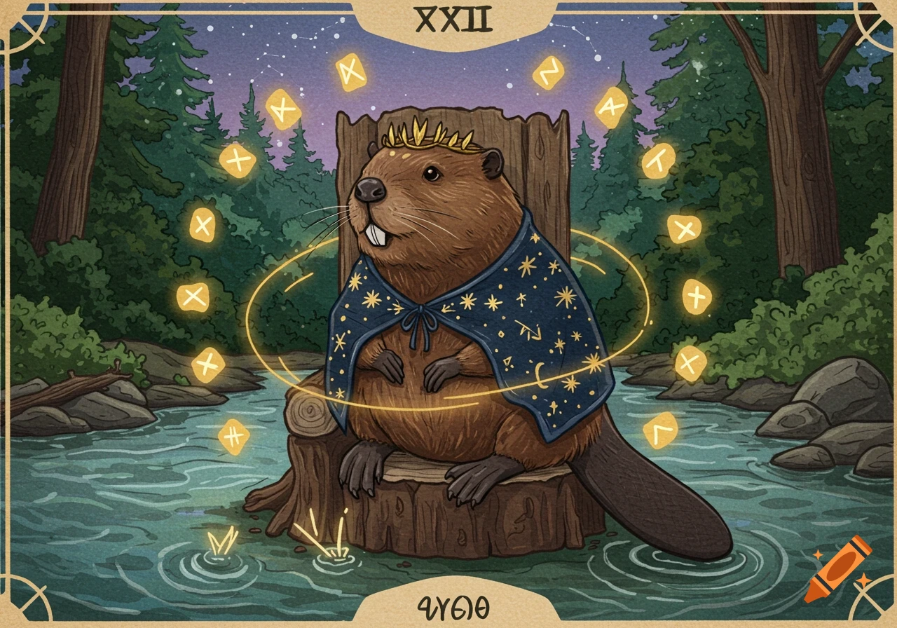 A cartoon beaver wearing a crown and starry cape, sitting on a tree stump in a river, depicted as a tarot card with glowing runes and the Roman numeral XXII.