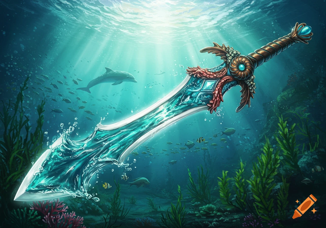 An ornate, glowing fantasy sword with a watery blade underwater, surrounded by a dolphin, fish, and coral.