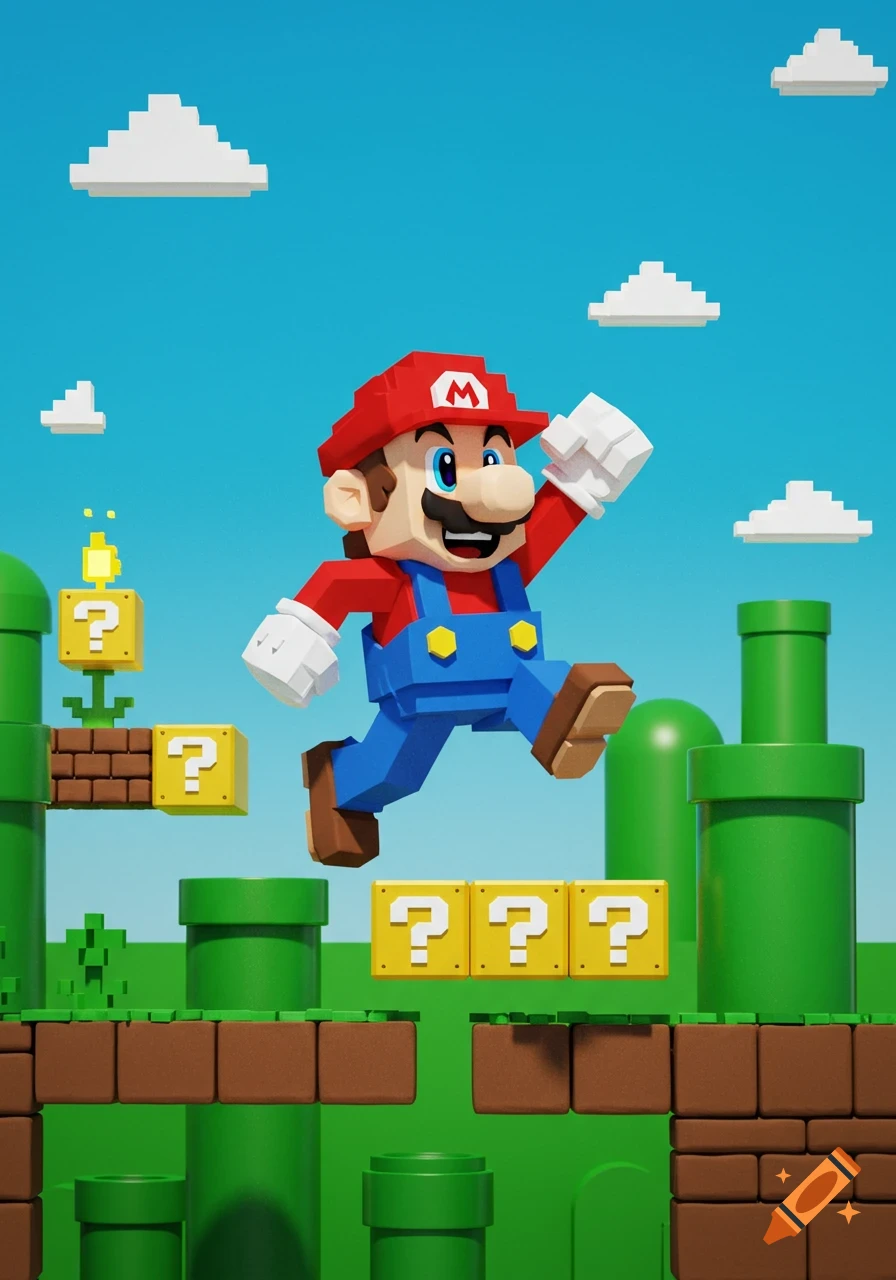 A blocky, pixelated 3D render of Mario jumping amidst green pipes and yellow question mark blocks under a blue sky with pixelated clouds, in the style of a classic video game level.