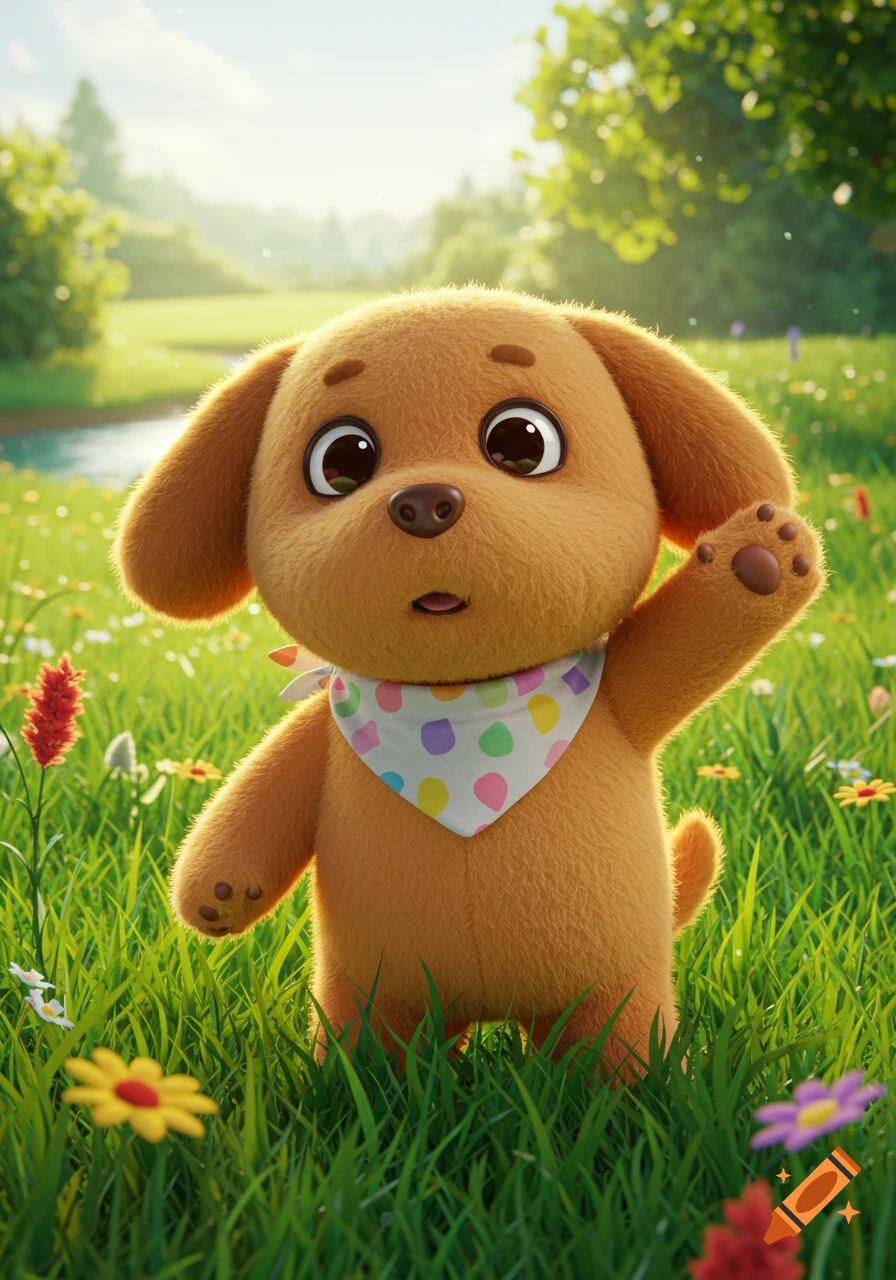 A cute fluffy brown puppy with big eyes and a polka dot bandana stands in a field of green grass and wildflowers, raising one paw.