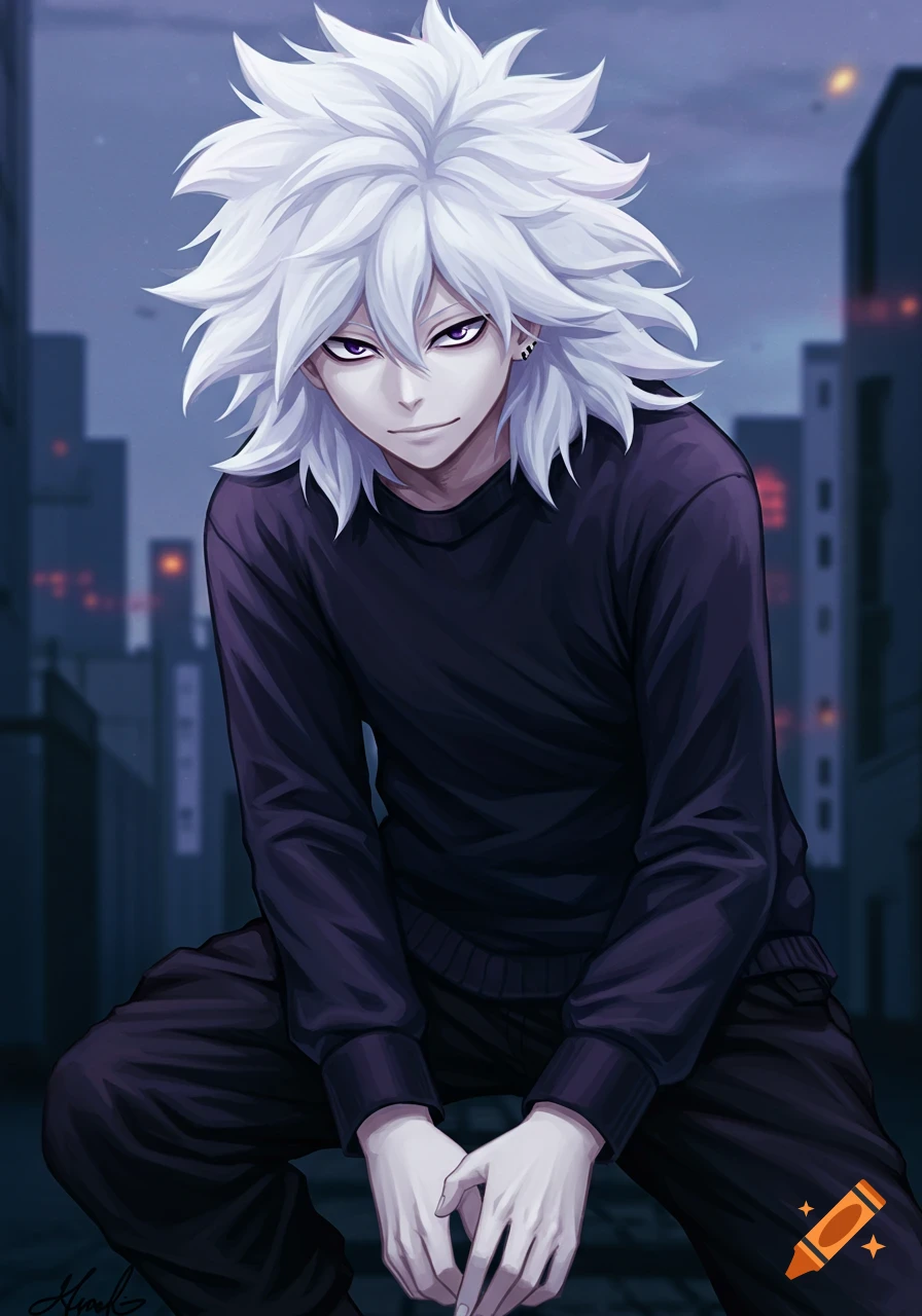 Anime male character with spiky white hair and purple eyes, wearing dark baggy clothes, crouching in an urban setting.