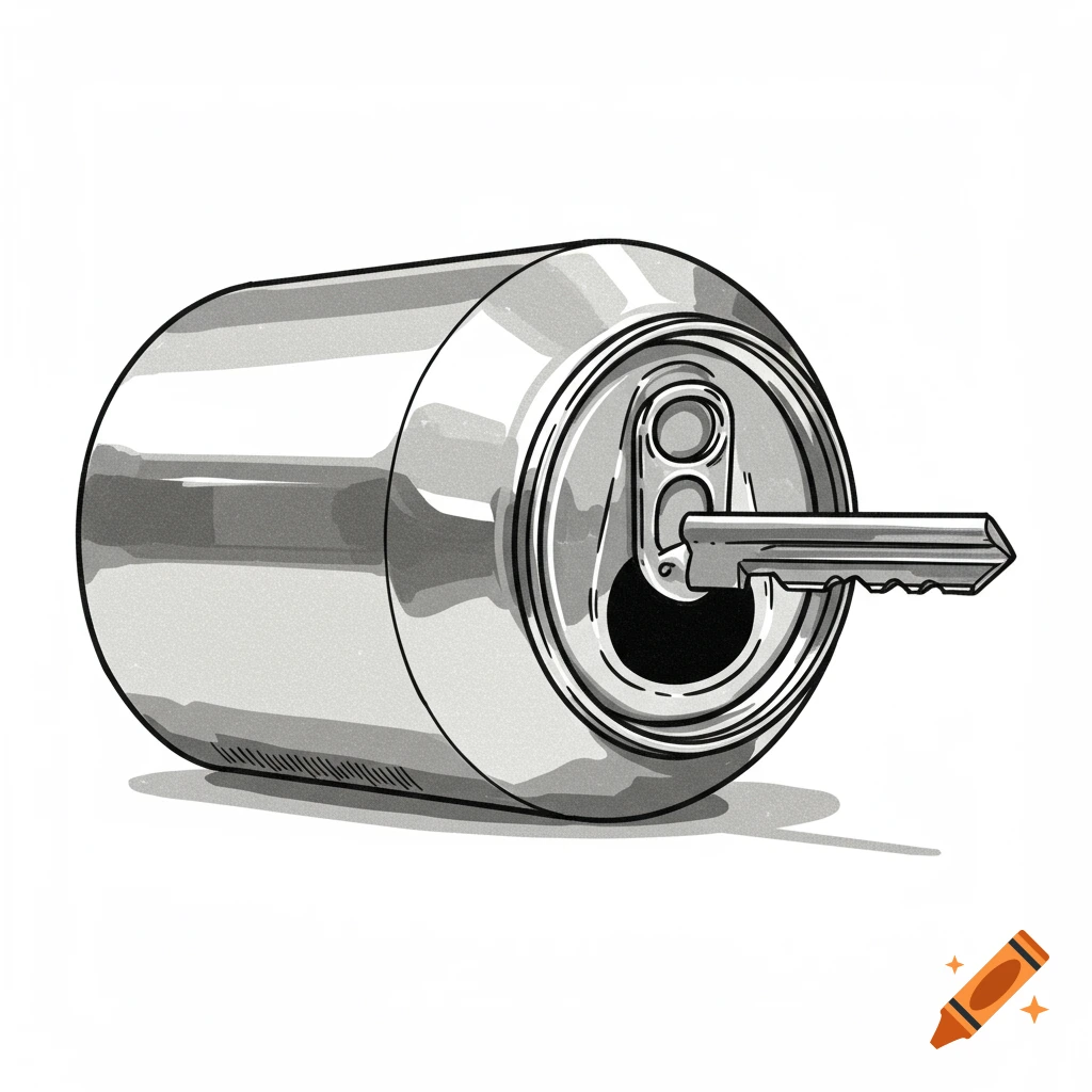 An outline drawing of a metallic beer can lying on its side with a key inserted into its pull-tab opening.