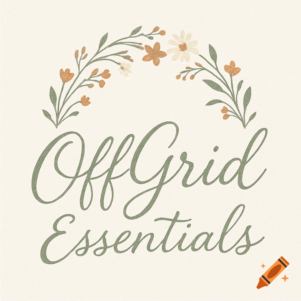 A feminine logo with the text "OffGrid Essentials" in a script font, framed by a floral wreath with orange and cream flowers and green leaves.
